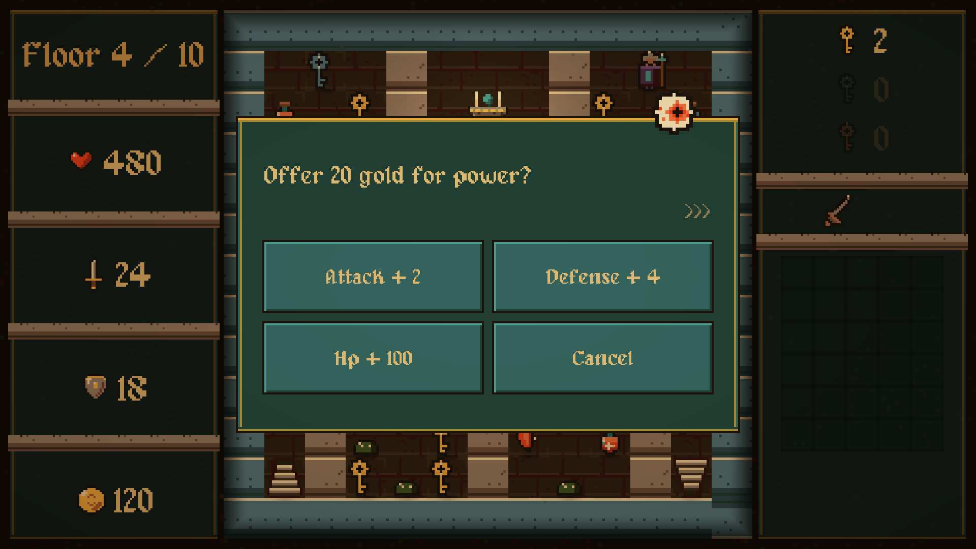 Choose between attack, defense and HP upgrades at an altar